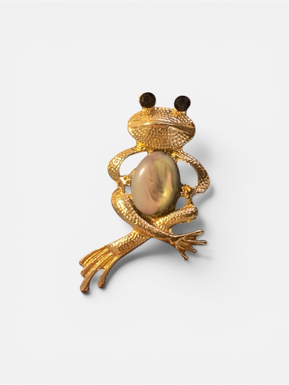 Gold Frog Brooch with Iridescent Cabochon
